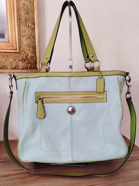 Coach Light Blue and Lime Green Leather Shoulder Tote Bag (Project Bag)